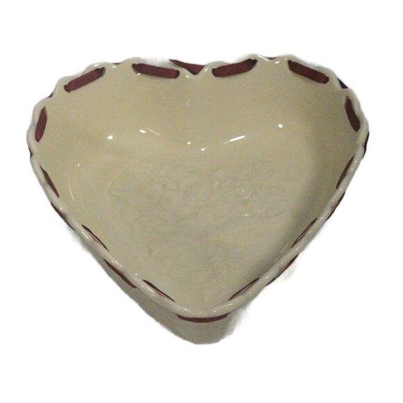 Longaberger Sweetest Heart Dish Ivory Ceramic Bowl with Pierced Ribbon Edge - Picture 6 of 10